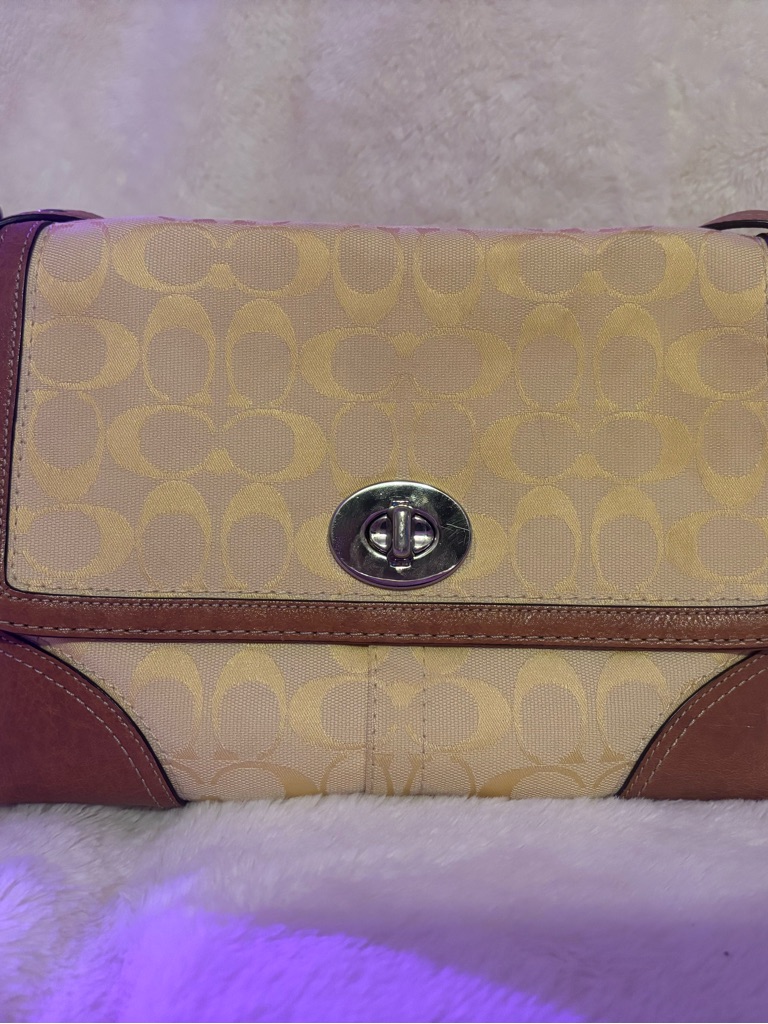Coach Beige Signature Canvas Crossbody With Brown Leather Trim